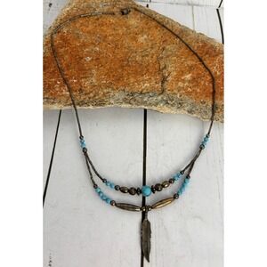 Turquoise Feather Pendant Necklace Two Strand Boho Silver Tone P110